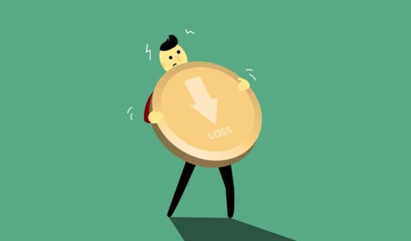 Illustration of a cartoon character struggling with a large coin symbolizing financial loss.
