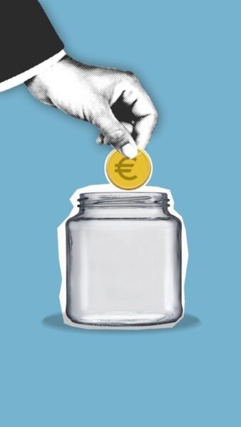 Illustration of crop cutout person hand putting coin into saving glass money box on blue background